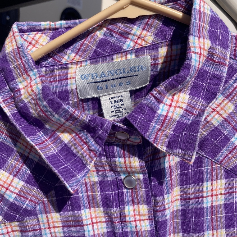 Wrangler Blues Western Shirt purple plaid Pearl snaps long sleeve size large - Picture 5 of 11